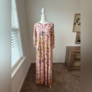 Raquel Allegra Tie Dye Maxi Dress Pink Brown Long Sleeve Relaxed Fit